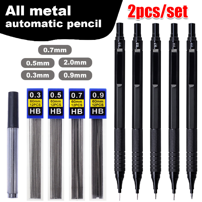 Writing Tools - 黒色の低重心メタルメカニカルペンシルセット 0.3-2.0mm芯 自動ペンシル アートスケッチ 絵画 筆記用具